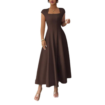 Chic Long Dress Women's Square Neck Short Sleeve Dress