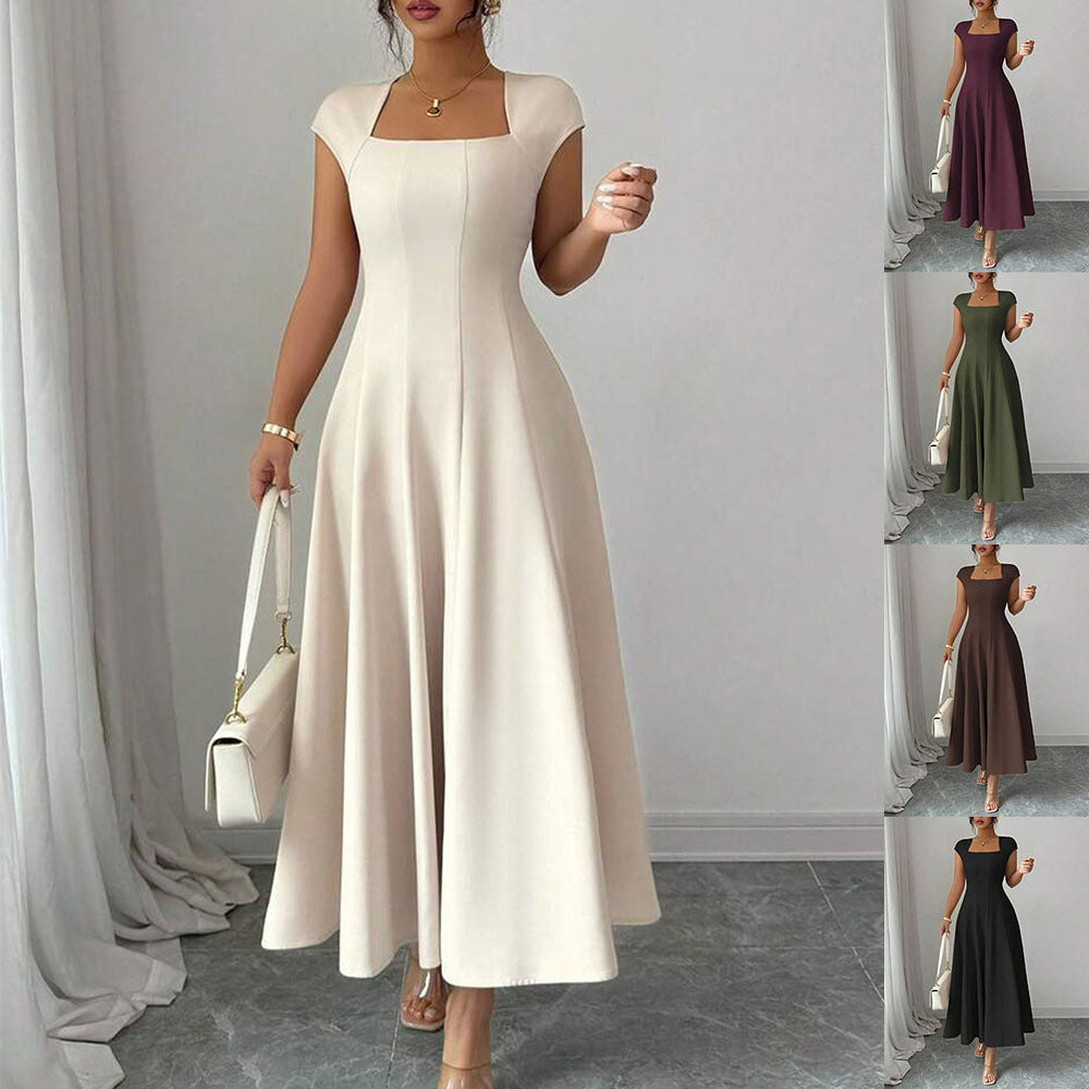 Chic Long Dress Women's Square Neck Short Sleeve Dress